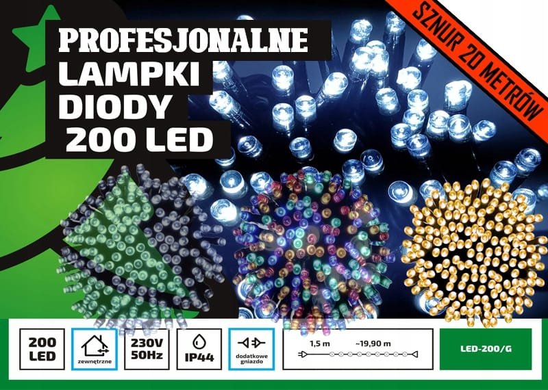 Lampki choinkowe łańcuch led Profesjonalne Oświetlenie Świąteczne 20m zewnętrzne 200 LED z gniazdem - Światło stałe - Ciepły Biały 2 fbdb3d1de92bd736f6a141ad717cba53