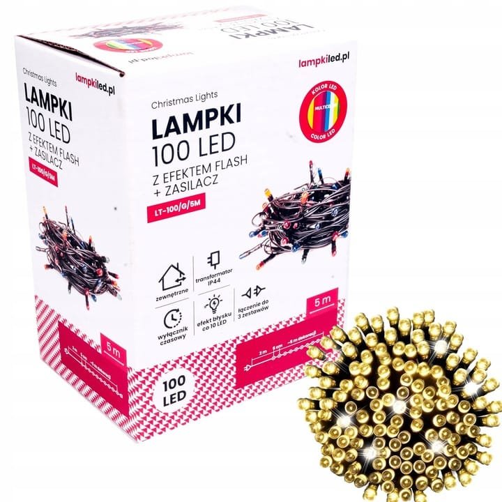 Lampki choinkowe łańcuch led 5m zewnętrzne 100 LED z gniazdem - Flash - Ciepły Biały 2 a5a4ebf9ae27e83f4302468178b46c72