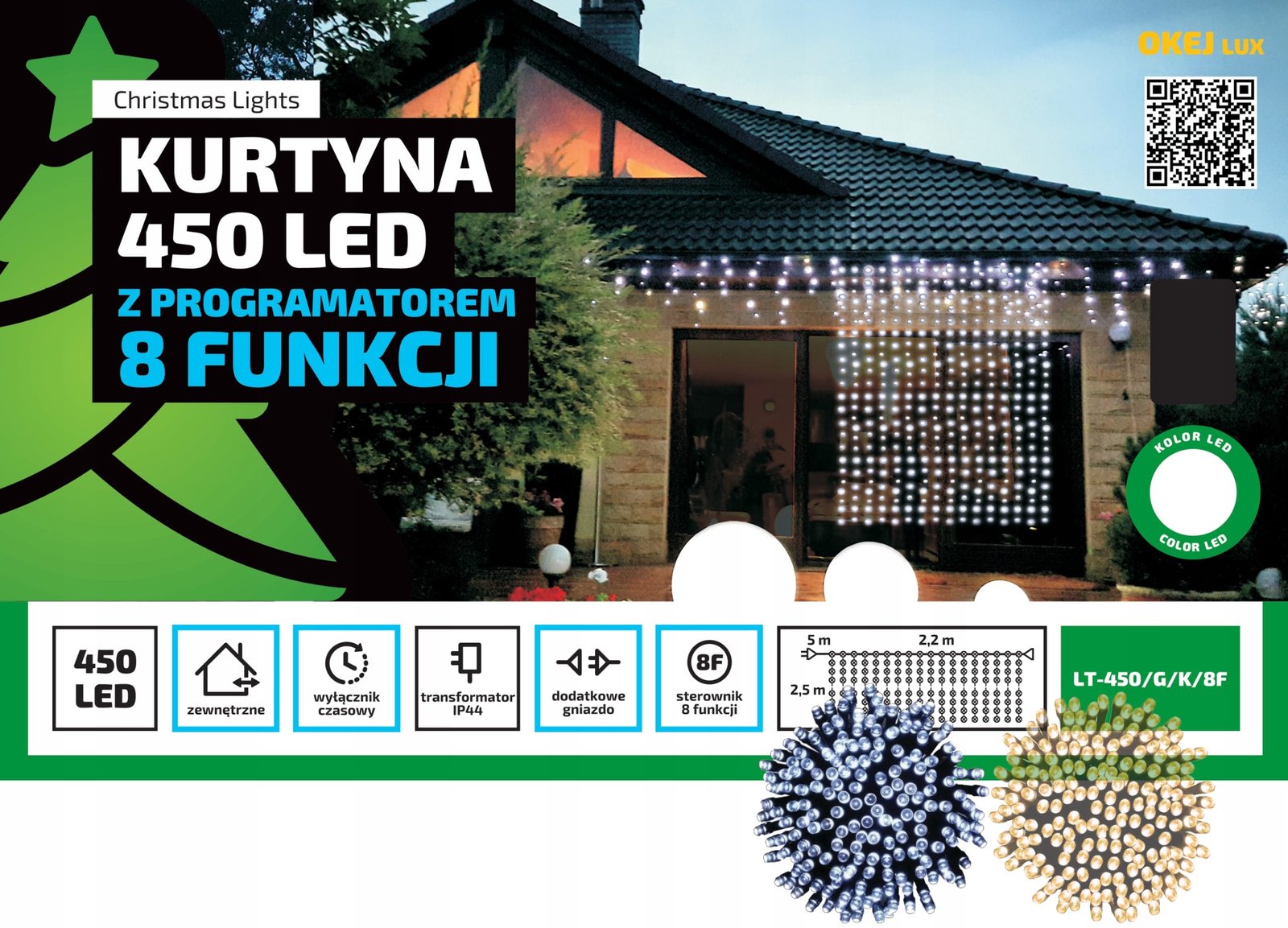 Kurtyna led oświetlenie świąteczne 2,2 zewnętrzne 450 LED z gniazdem - Programator 8 funkcji - Zimny Biały 2 030f614c72960e937387e2c774769d3c