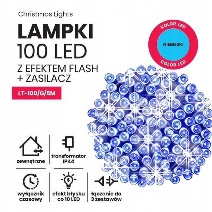 Lampki choinkowe łańcuch led 5m zewnętrzne 100 LED z gniazdem - Flash - Niebieski 2 82611726e94e525695c17907acc71ee5