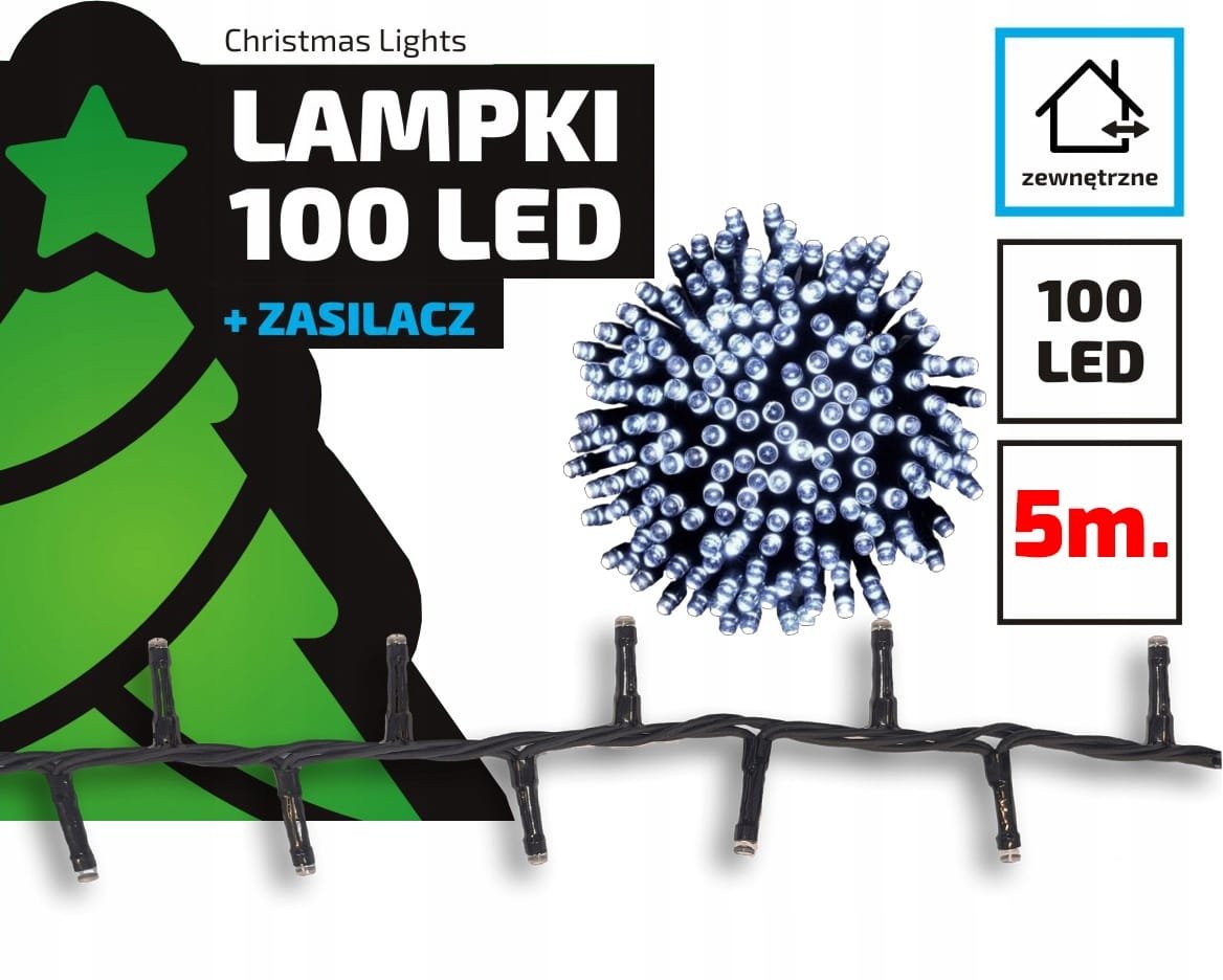 Lampki choinkowe łańcuch led 5 metrów zewnętrzne 100 LED z gniazdem - Światło stałe - Zimny Biały 2 731b45340ee184e4b9a6e59d3eb71d9d