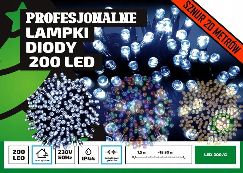 Lampki choinkowe łańcuch led Profesjonalne Oświetlenie Świąteczne 20m zewnętrzne 200 LED z gniazdem - Światło stałe - Zimny Biały 2 ba3454ace5553f56ec275339087348e1