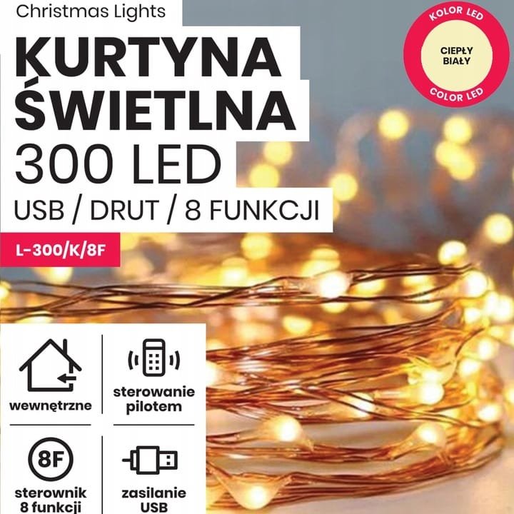 Kurtyna świetlna oświetlenie świąteczne 3 metry wewnętrzne 300 LED Programator 8 funkcji - Ciepły Biały 2 799d5d6119a7932f5405613a3ff1cf6e
