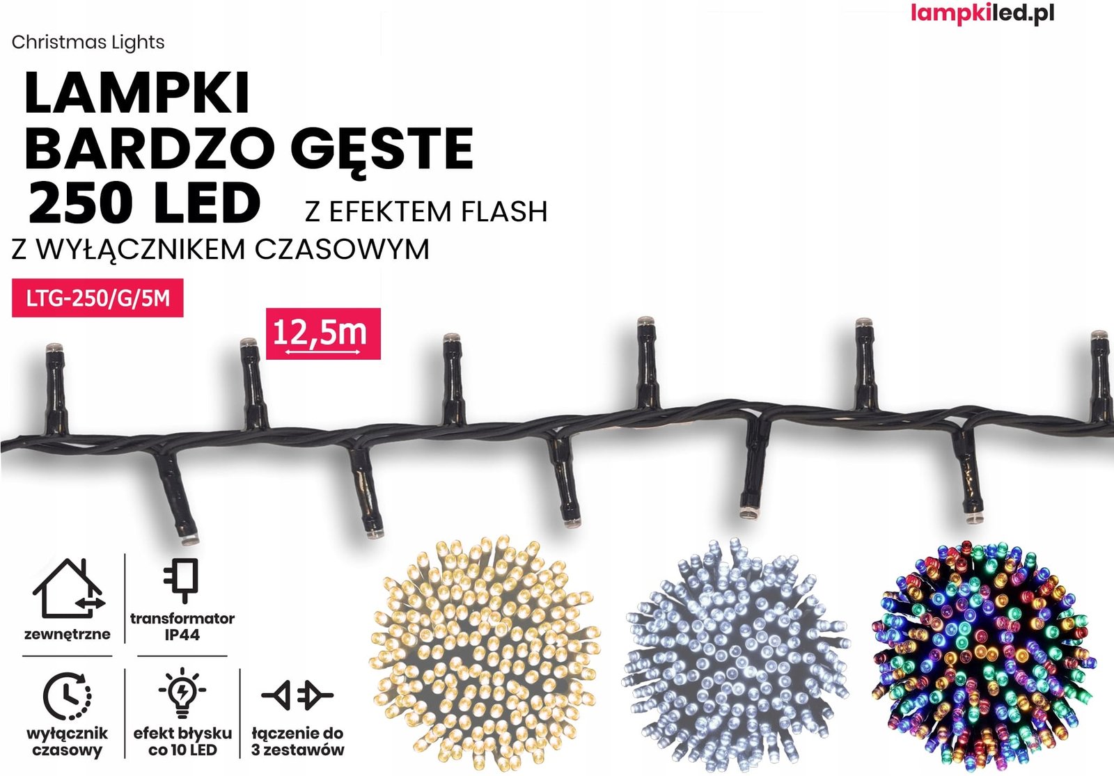 Lampki choinkowe łańcuch led 12,5m zewnętrzne 250 LED z gniazdem - Światło stałe - Multikolor 2 d274b82752c287802e09ca7bb757f7b0