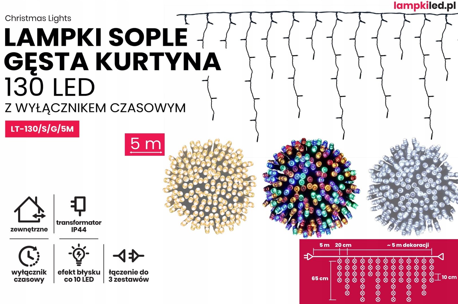 Sople led oświetlenie świąteczne 5 m zewnętrzne 130 LED z gniazdem - Flash - Multikolor 2 5e96482dafca1d4e171e94e26225a959