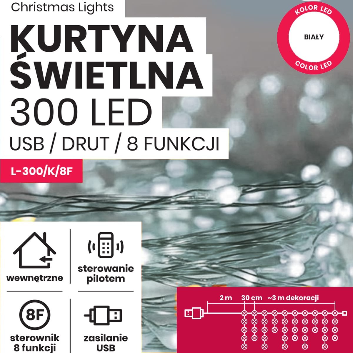 Kurtyna świetlna oświetlenie świąteczne 3 metry wewnętrzne 300 LED Programator 8 funkcji - Zimny Biały 2 e3806cd2c348a08cbeda16d839a84b23