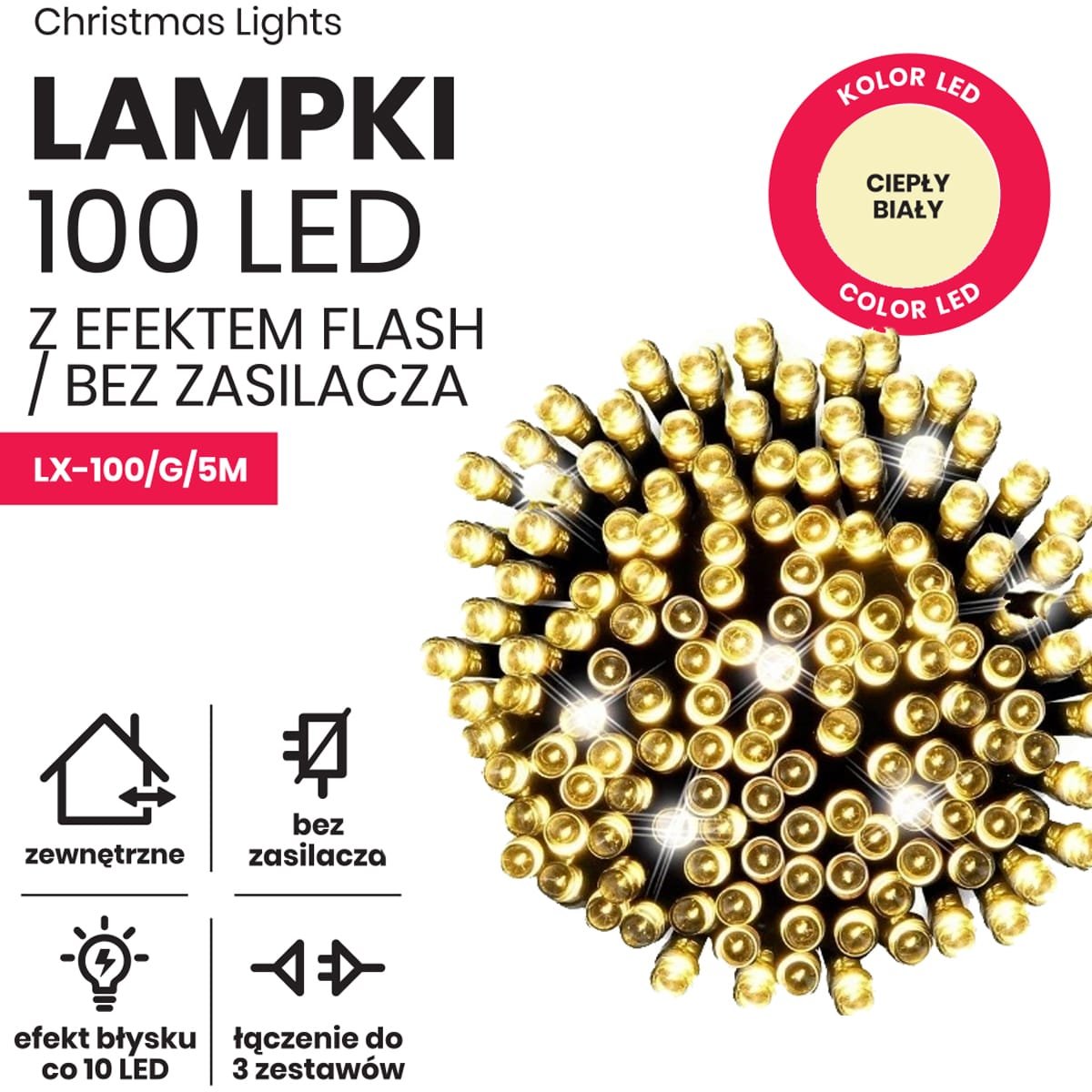 Przedłużenie do lampek LT-100/G/5M łańcuch led 5m zewnętrzne 100 LED z gniazdem - Flash - Ciepły Biały 2 7380e9ffa7a014d87b03a86bc78d9970