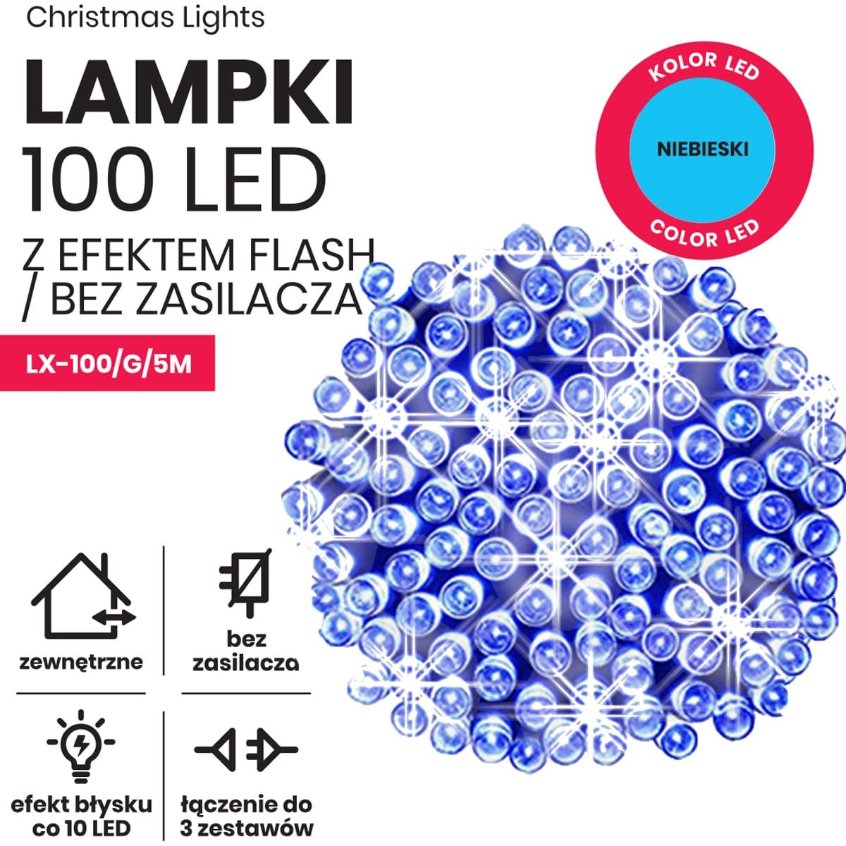Przedłużenie do lampek LT-100/G/5M łańcuch led 5m zewnętrzne 100 LED z gniazdem - Flash - Niebieski 2 e1a3e36f09b2fac8887c86599d1f902e