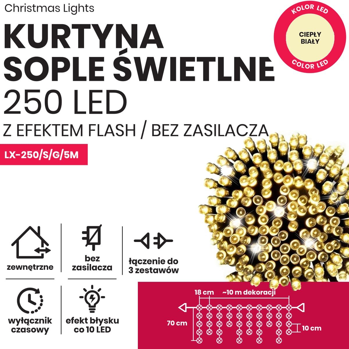 Sople led oświetlenie świąteczne 10m zewnętrzne 250 LED z gniazdem - Flash - Ciepły Biały 2 5d2002252e973d4910baecec7a97e361