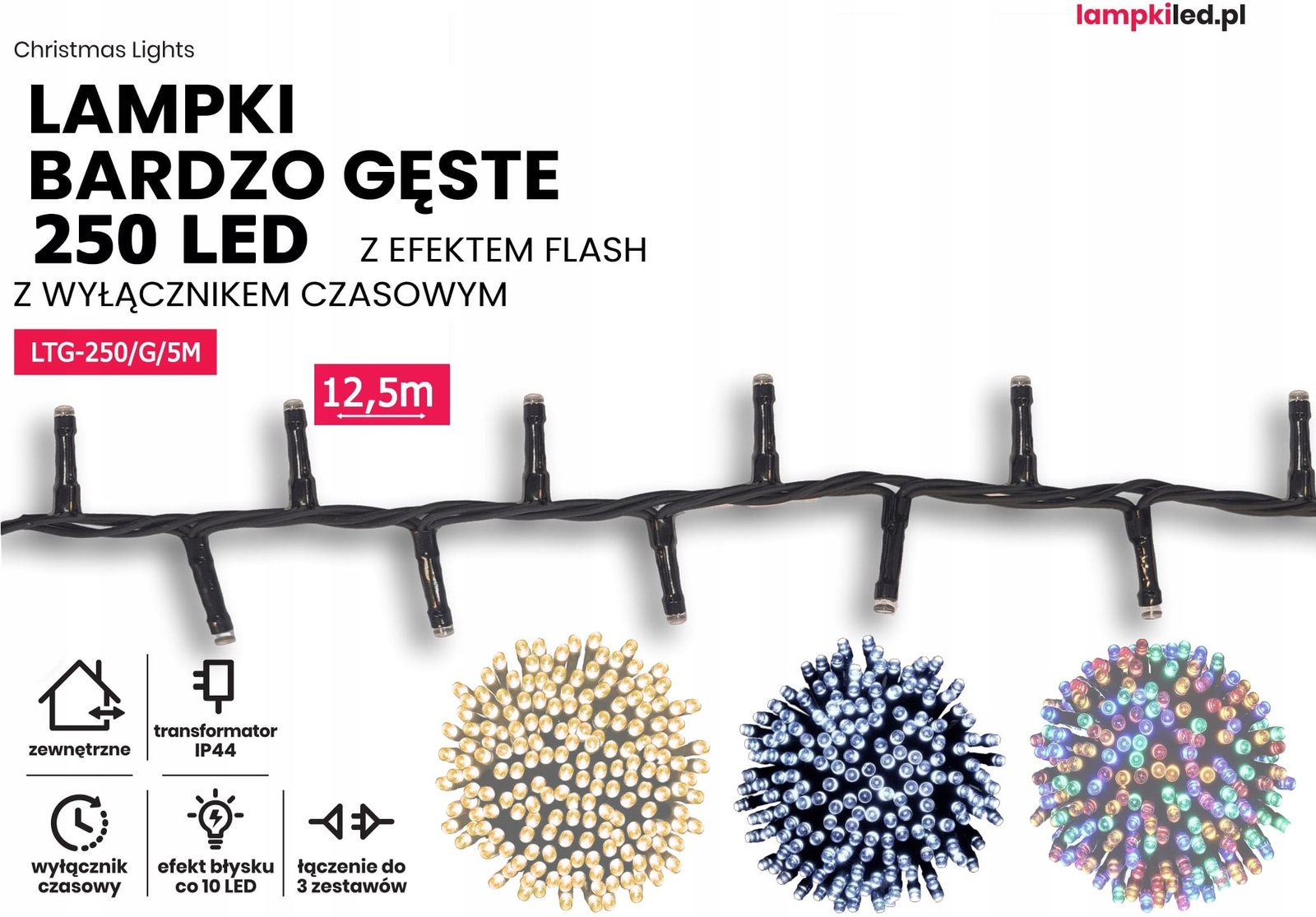 Lampki choinkowe łańcuch led 12,5m zewnętrzne 250 LED z gniazdem - Światło stałe - Zimny Biały 2 4081442dd057a5de55e857cda1a88d2c
